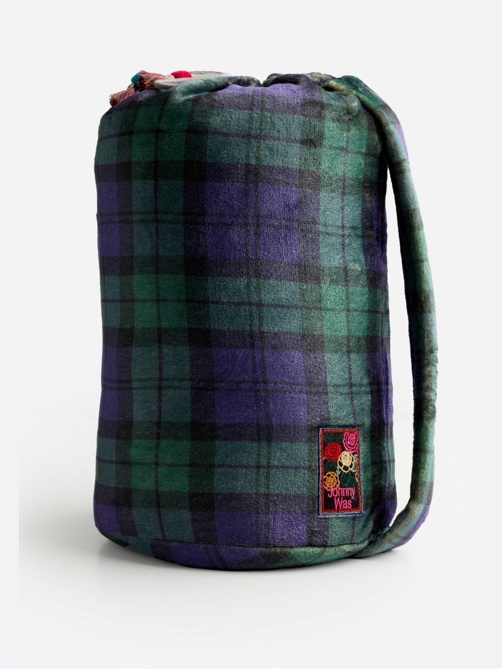 Johnny Was Plaid Velvet Large Drawstring Bucket Shoulder Bag | Boho Luxe - Picture 1 of 8